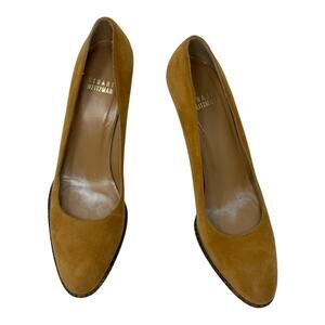 Stuart Weitzman Suede Heels in Mustard Gold Tone